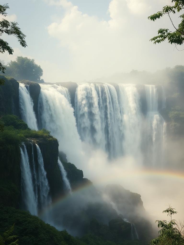 Cataratas do Iguaçu com névoa e arco-íris entre a mata