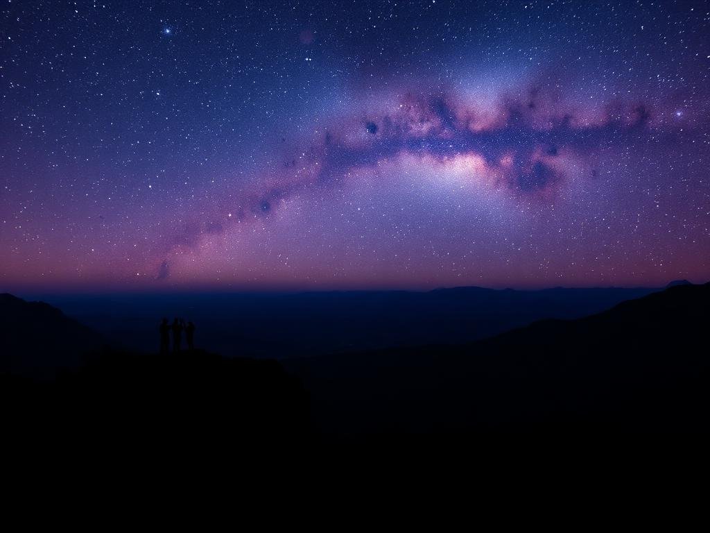 Céu estrelado com a Via Láctea sobre mirante em noite limpa