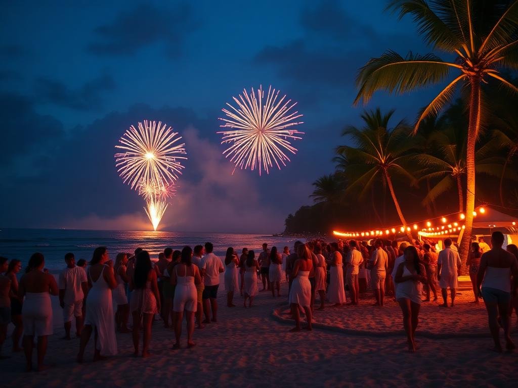 Fogos de artifício sobre o mar em festa de réveillon na praia
